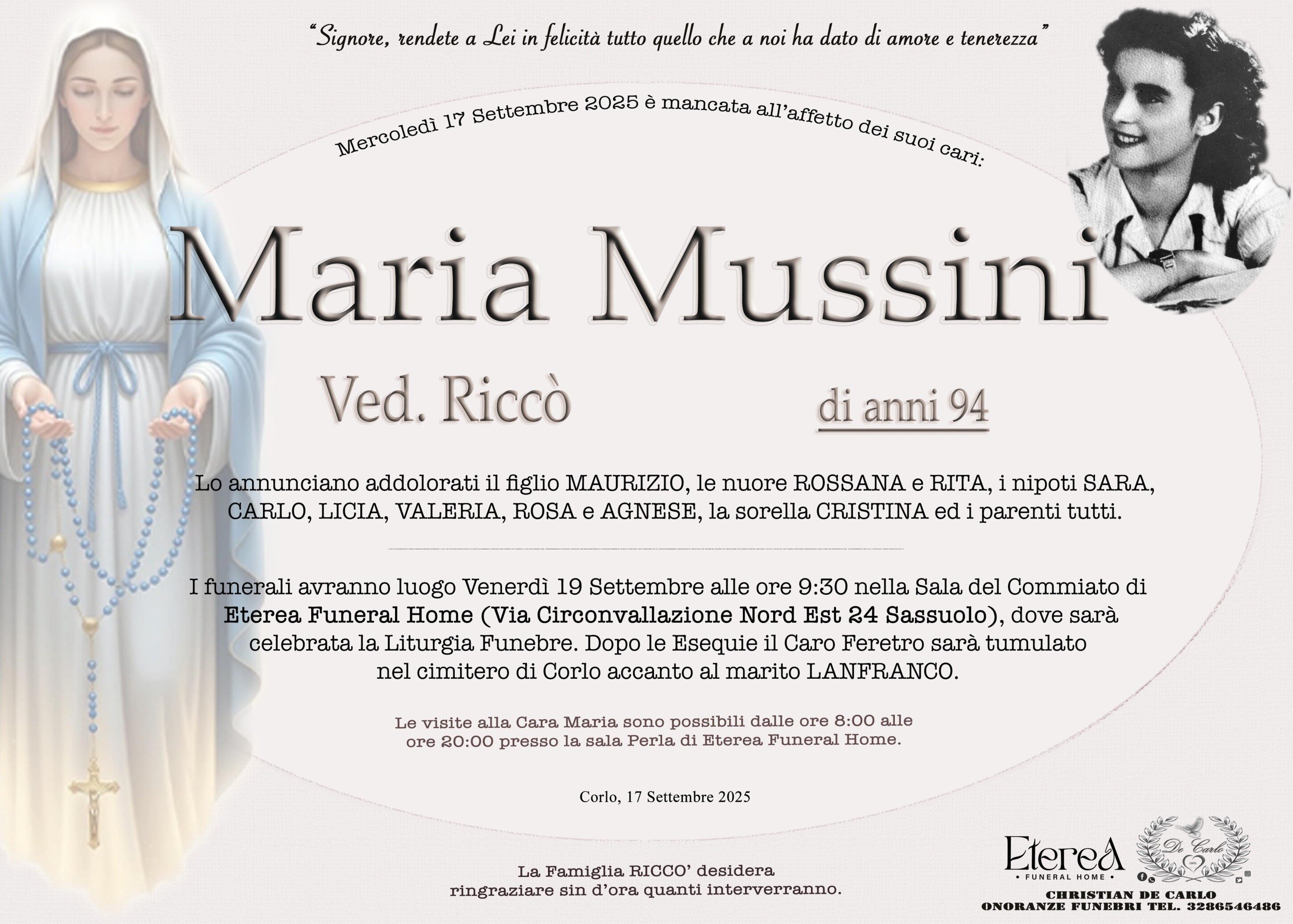Maria Mussini Ved. Ricc&ograve; di anni 94