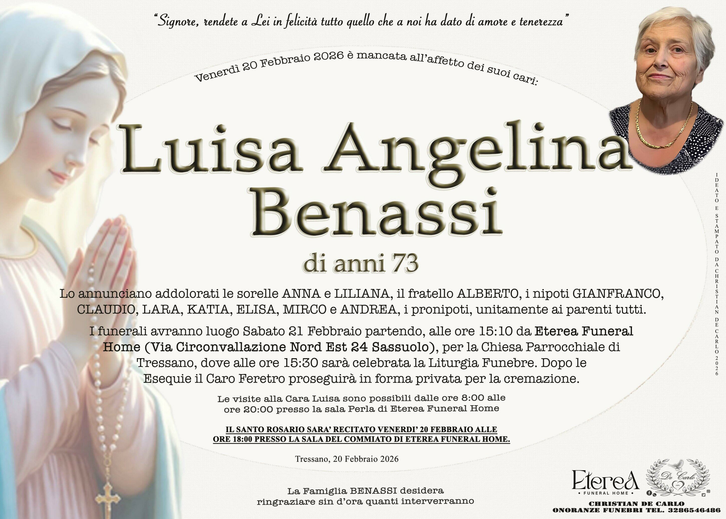 Luisa Angelina Benassi di anni 73