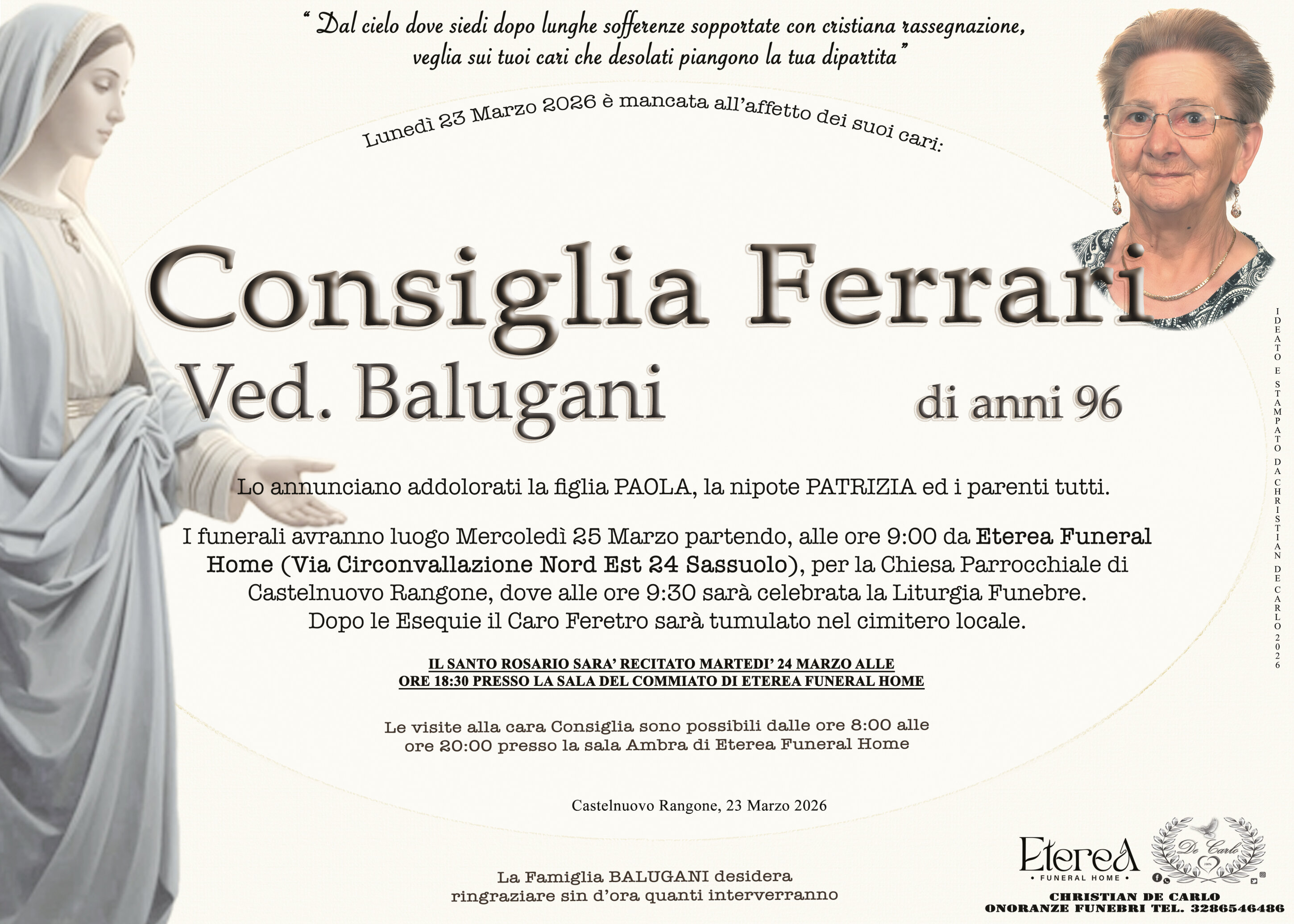 Consiglia Ferrari Ved. Balugani di anni 96