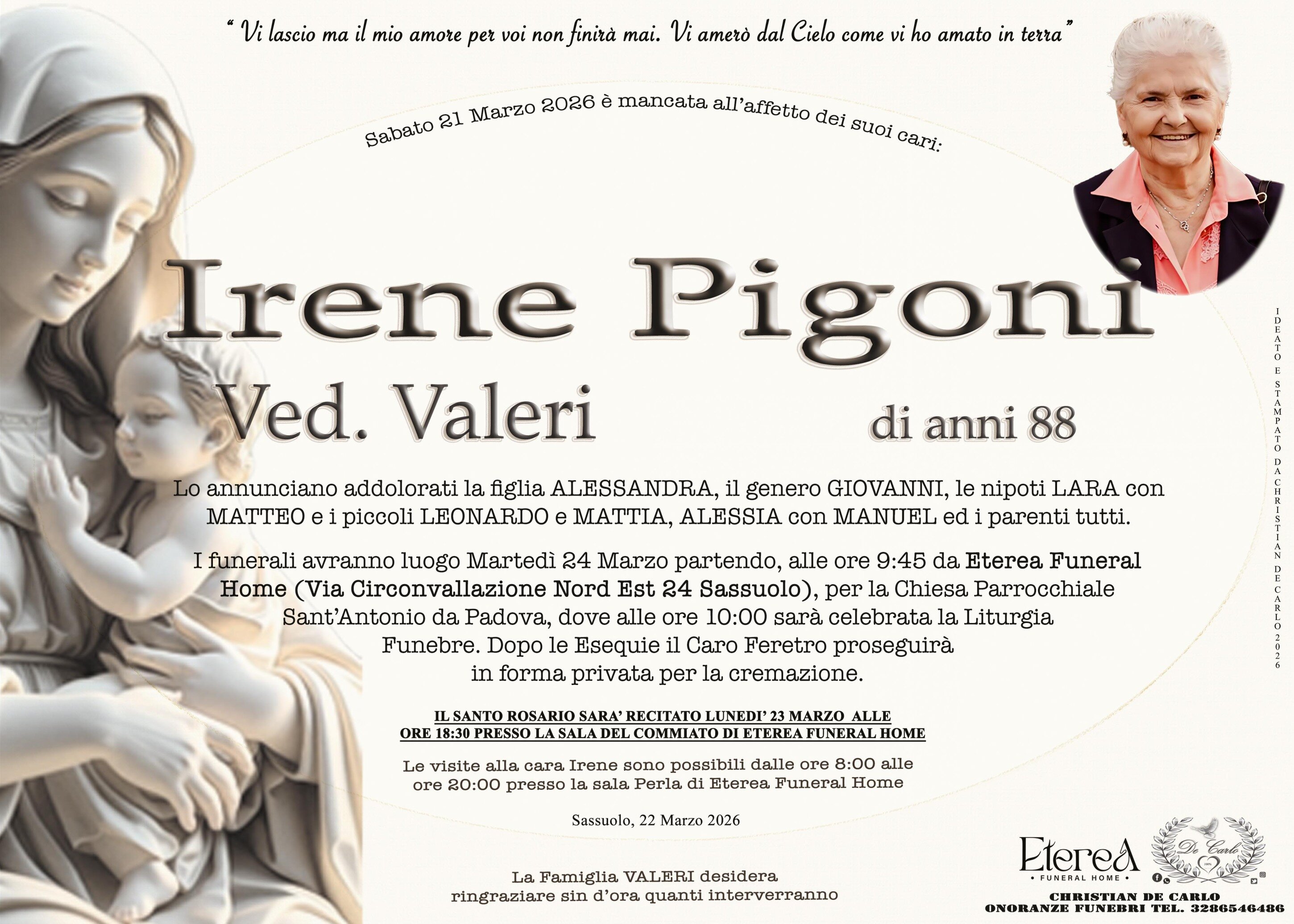 Irene Pigoni Ved. Valeri di anni 88