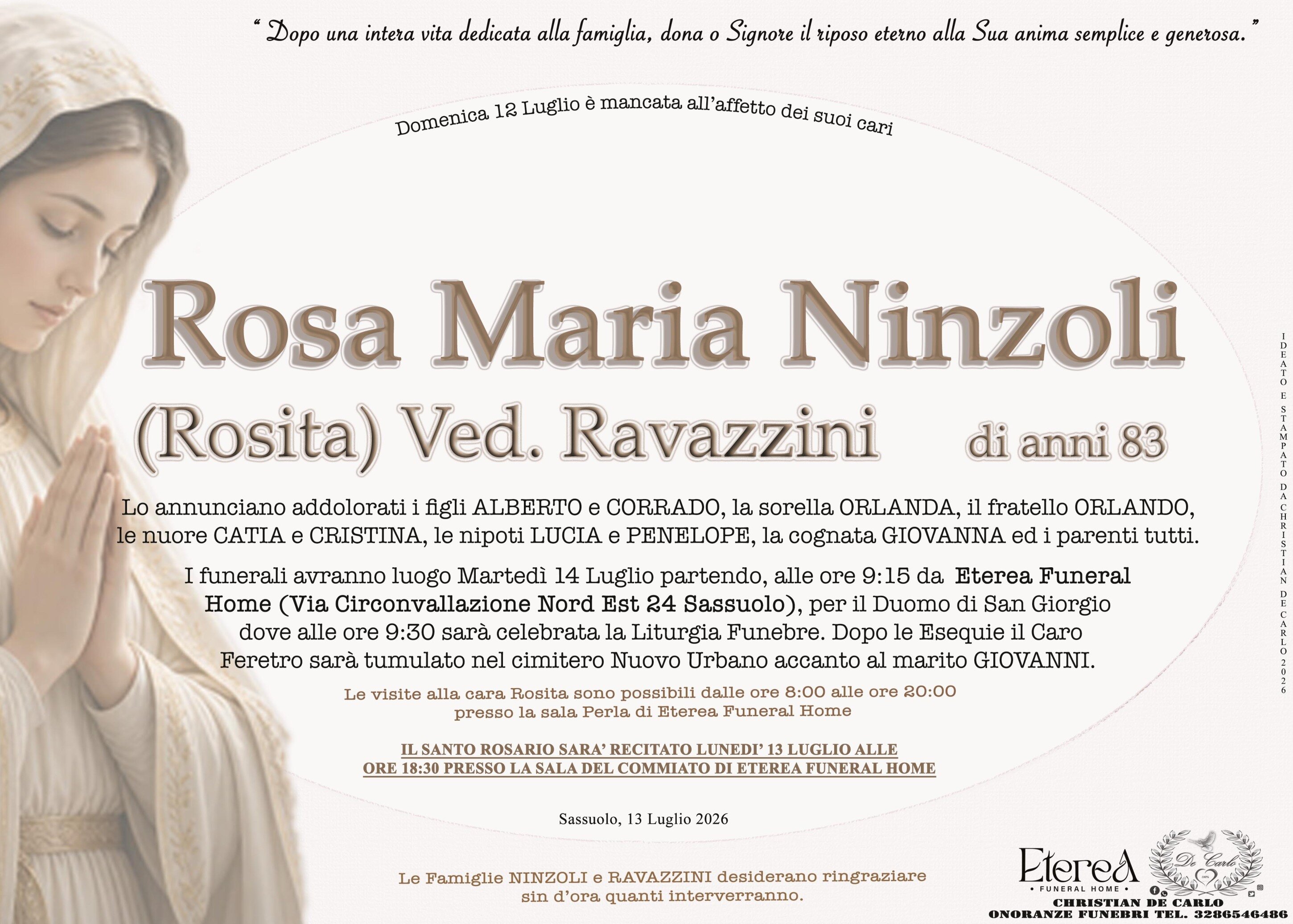 Rosa Maria Ninzoli (Rosita) Ved. Ravazzini di anni 83