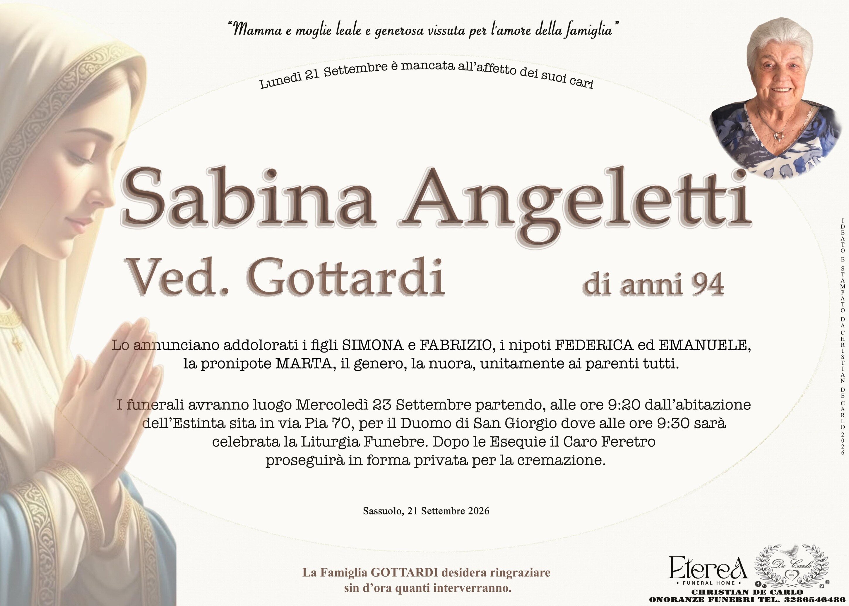 Sabina Angeletti Ved. Gottardi di anni 94 Sabina Angeletti Ved. Gottardi di anni 94