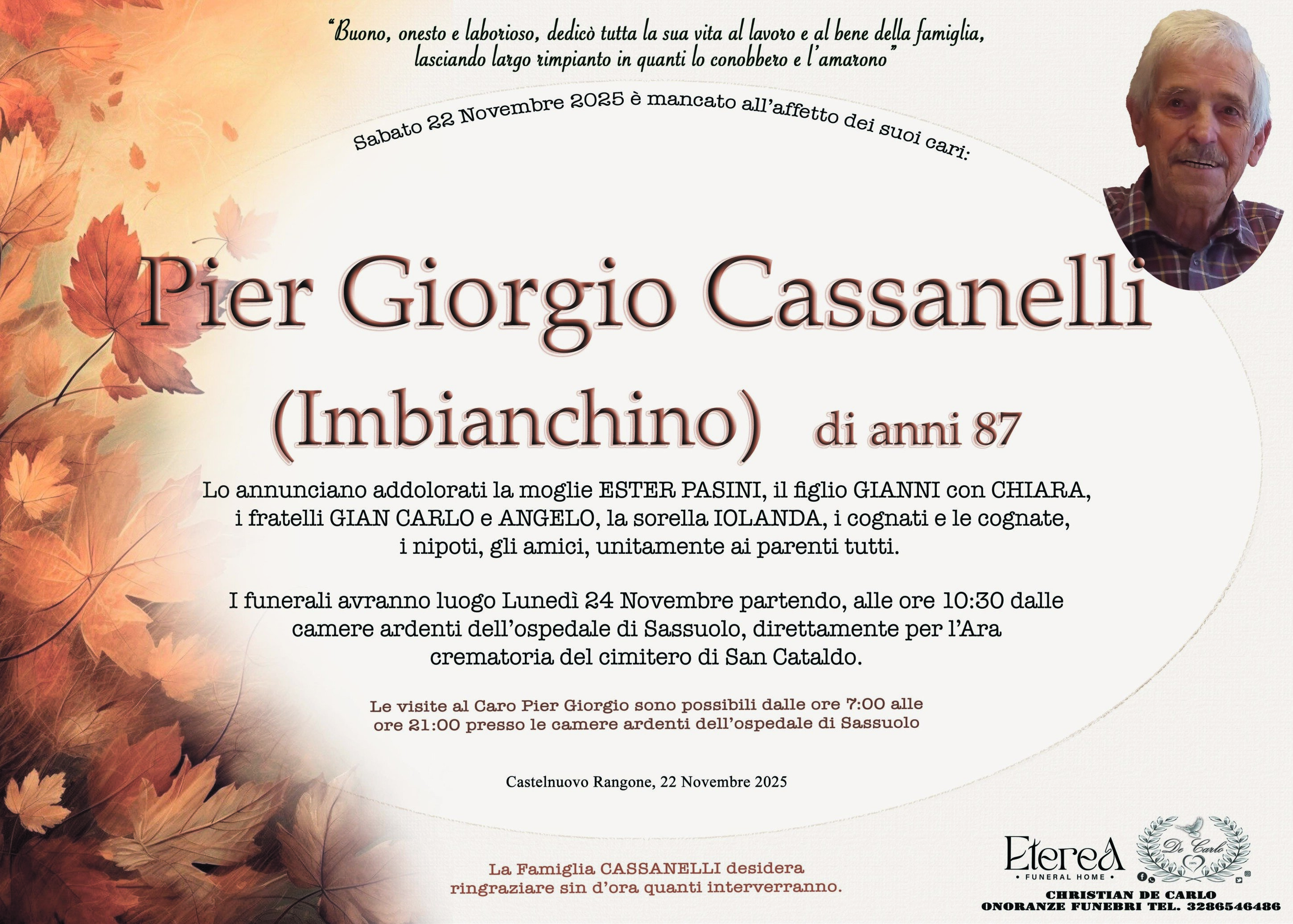 Pier Giorgio Cassanelli (Imbianchino) di anni 87
