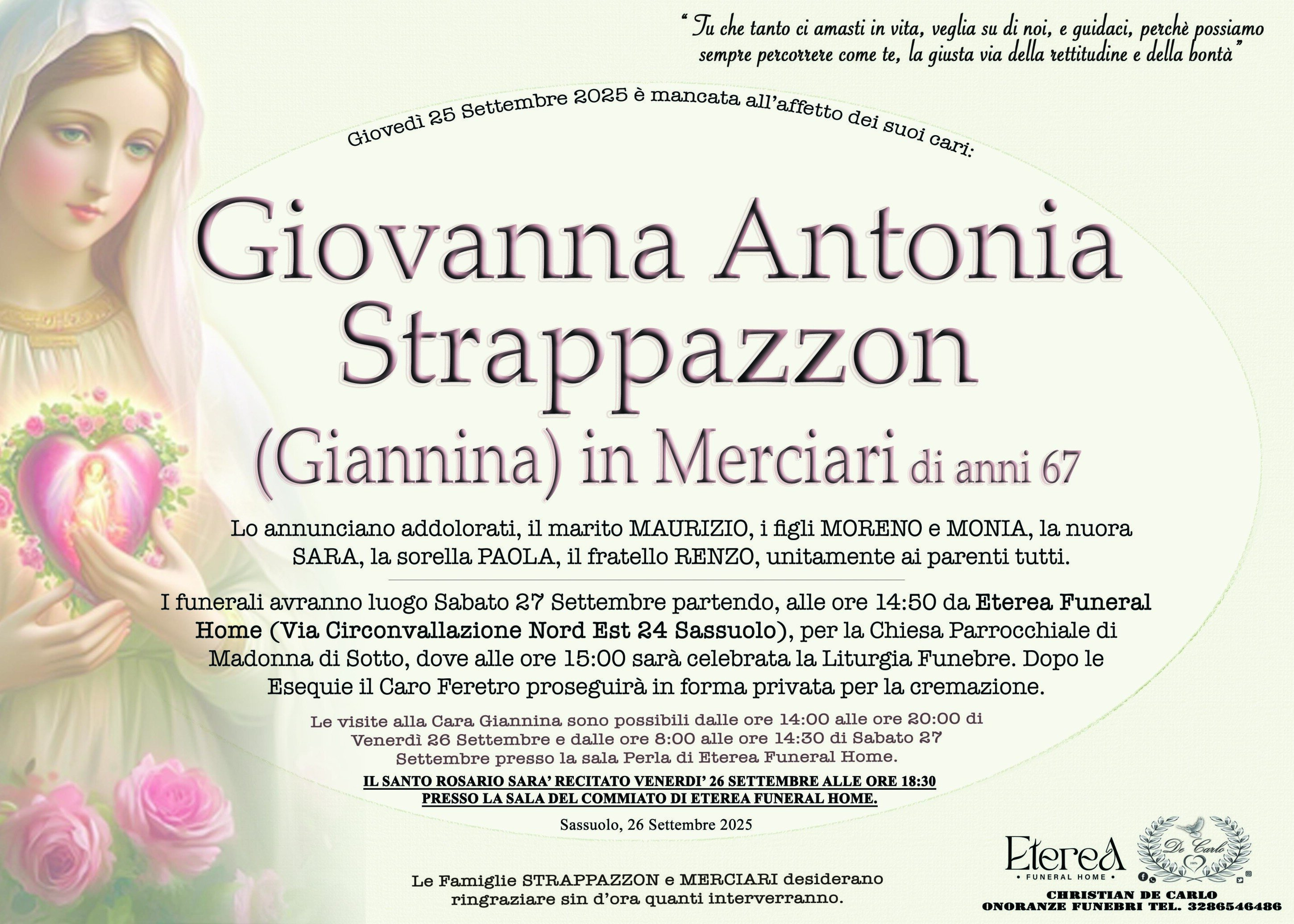 Giovanna Antonia Strappazzon (Giannina) in Merciari di anni 67