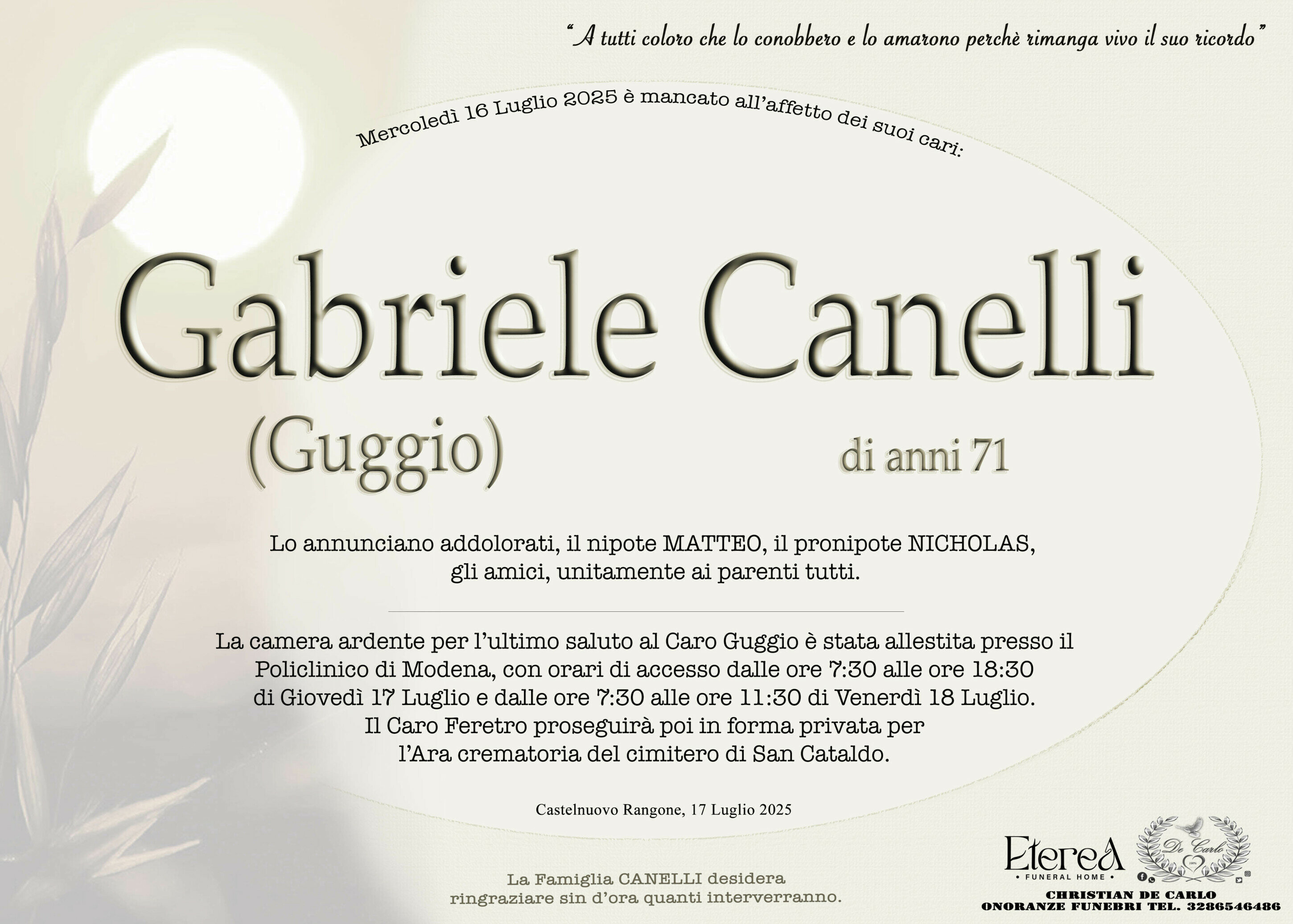 Gabriele Canelli (Guggio) di Anni 71