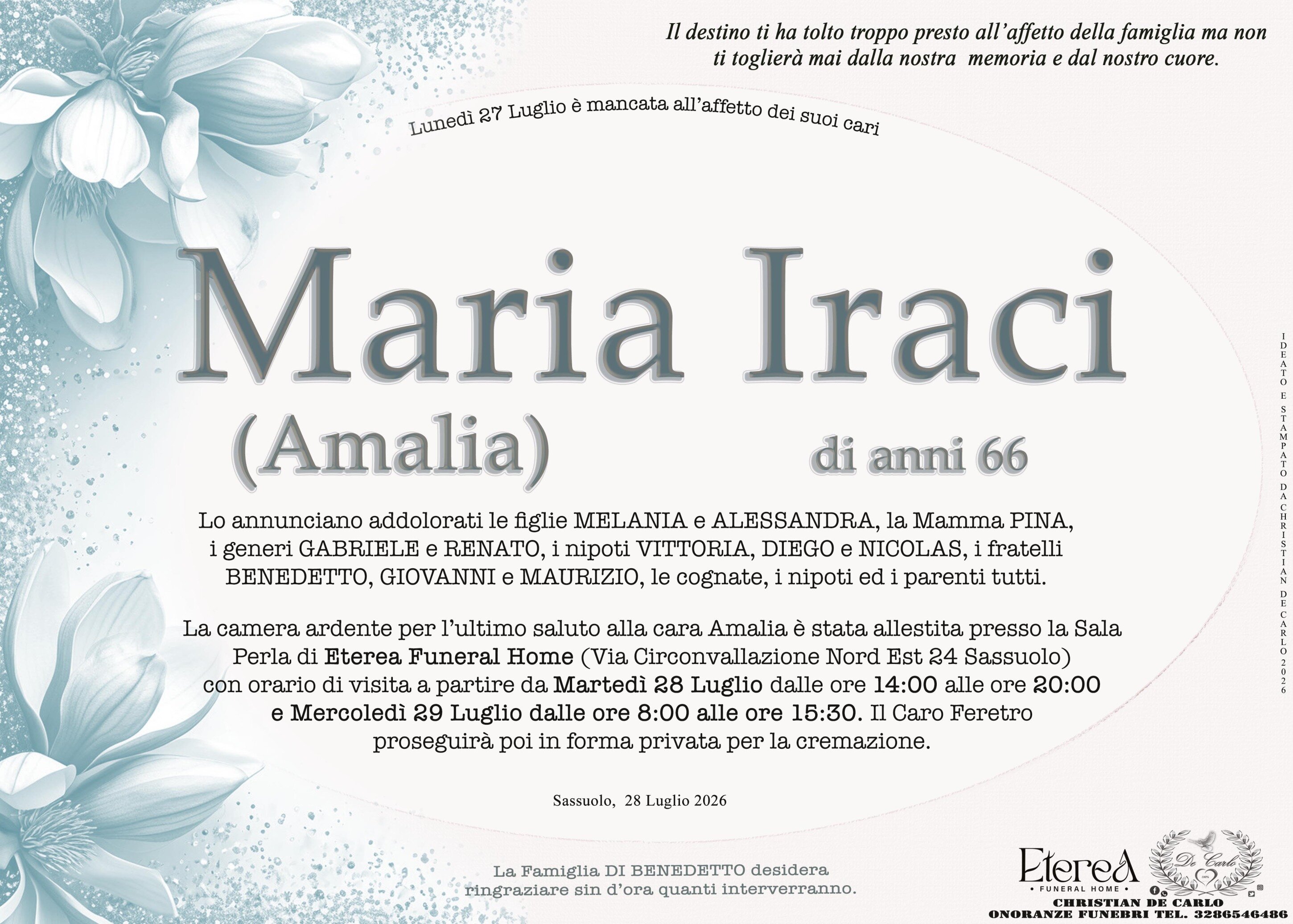 Maria (Amalia) Iraci di anni 66