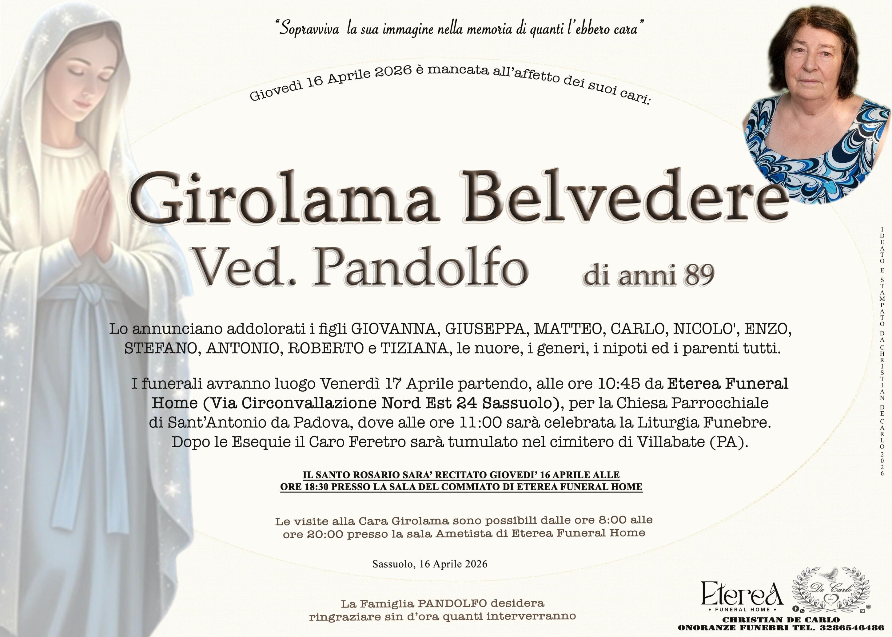 Girolama Belvedere Ved. Pandolfo di anni 89