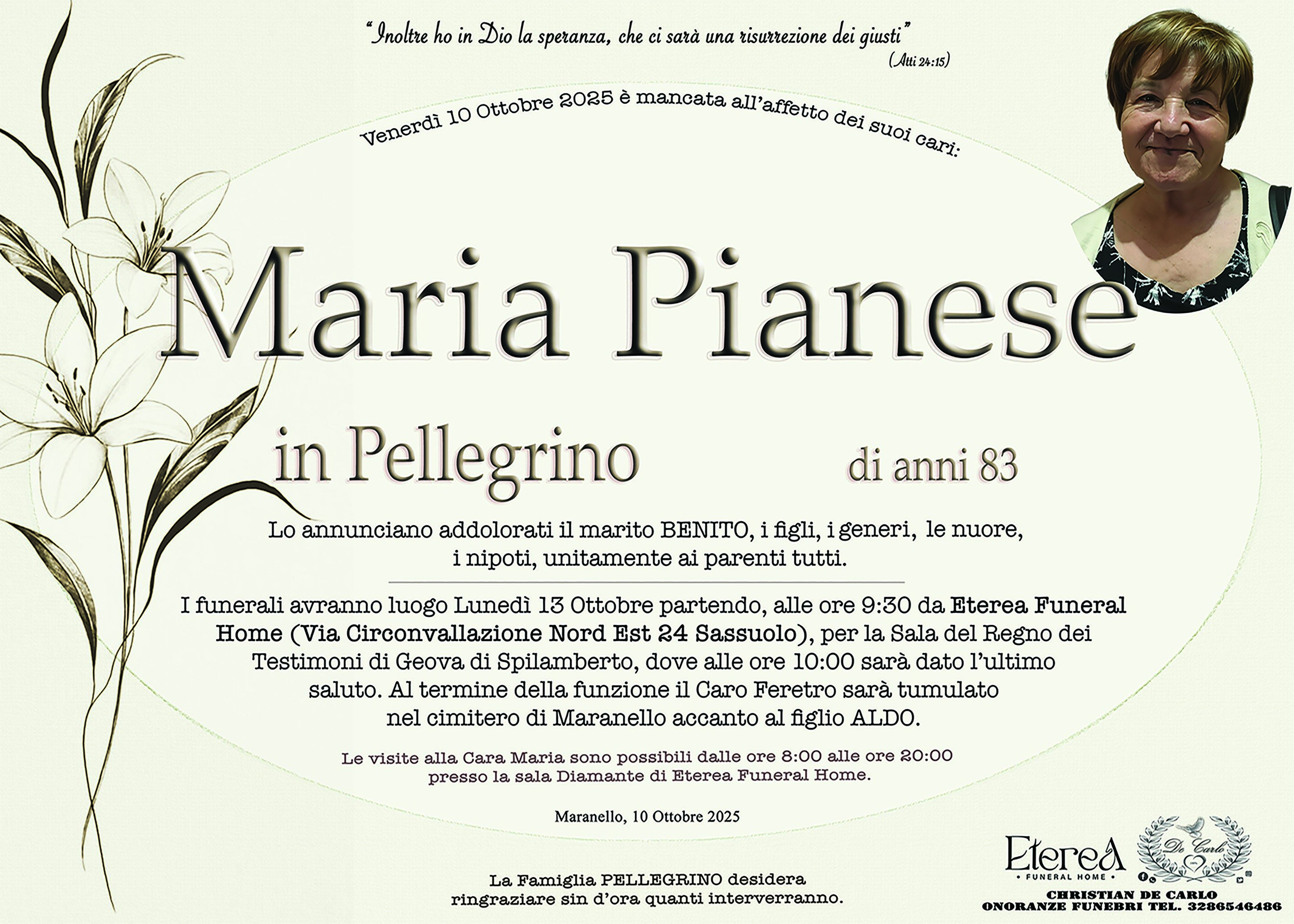Maria Pianese in Pellegrino di anni 83