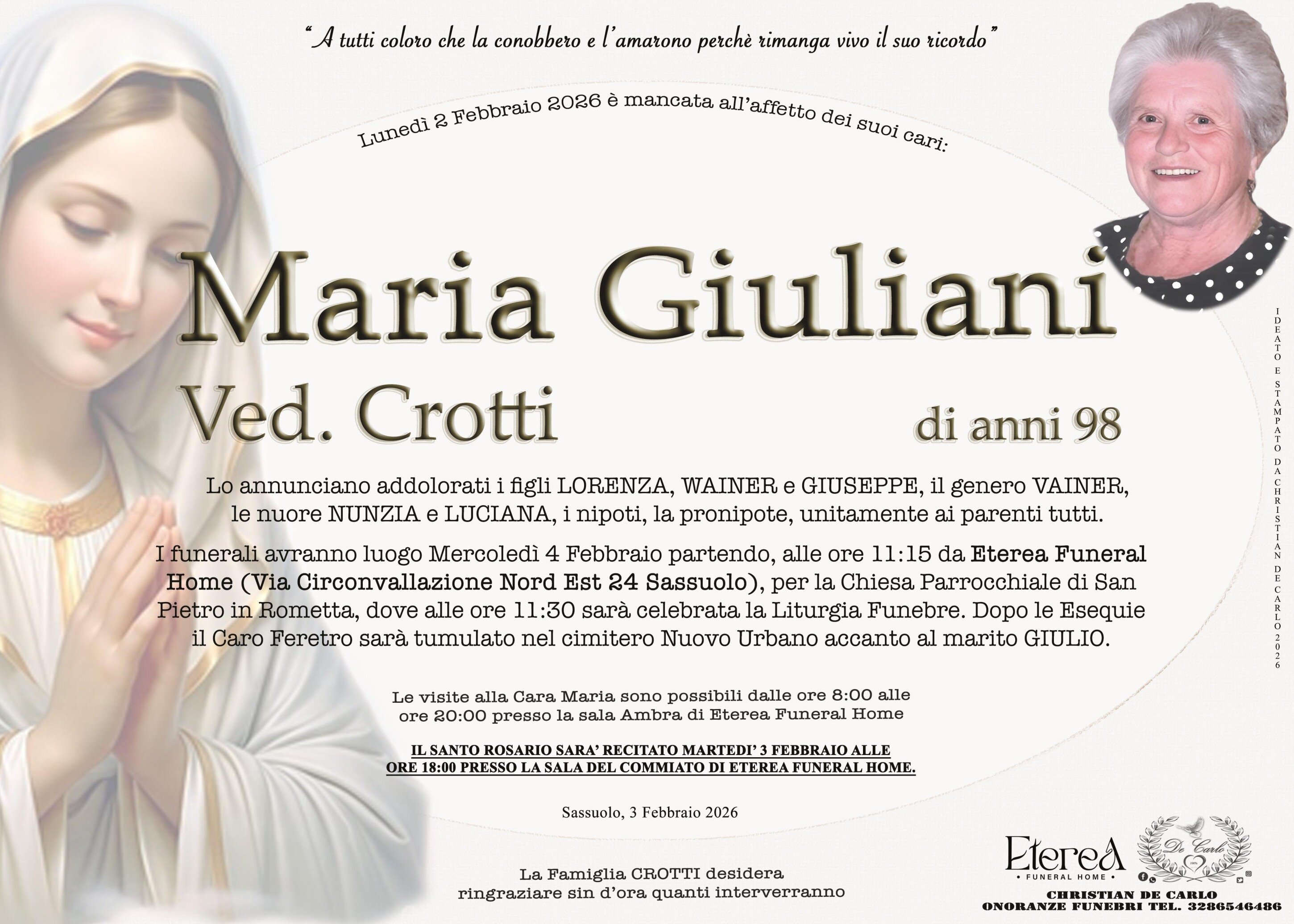 Maria Giuliani Ved. Crotti di anni 98 Maria Giuliani Ved. Crotti di anni 98