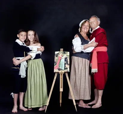studio photos, young and old people embracing lovingly
