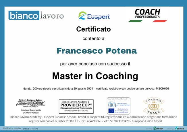 Dottor Francesco Potena | Master in Coaching | Bianco Lavoro Euspert Dottor Francesco Potena | Master in Coaching | Bianco Lavoro Euspert