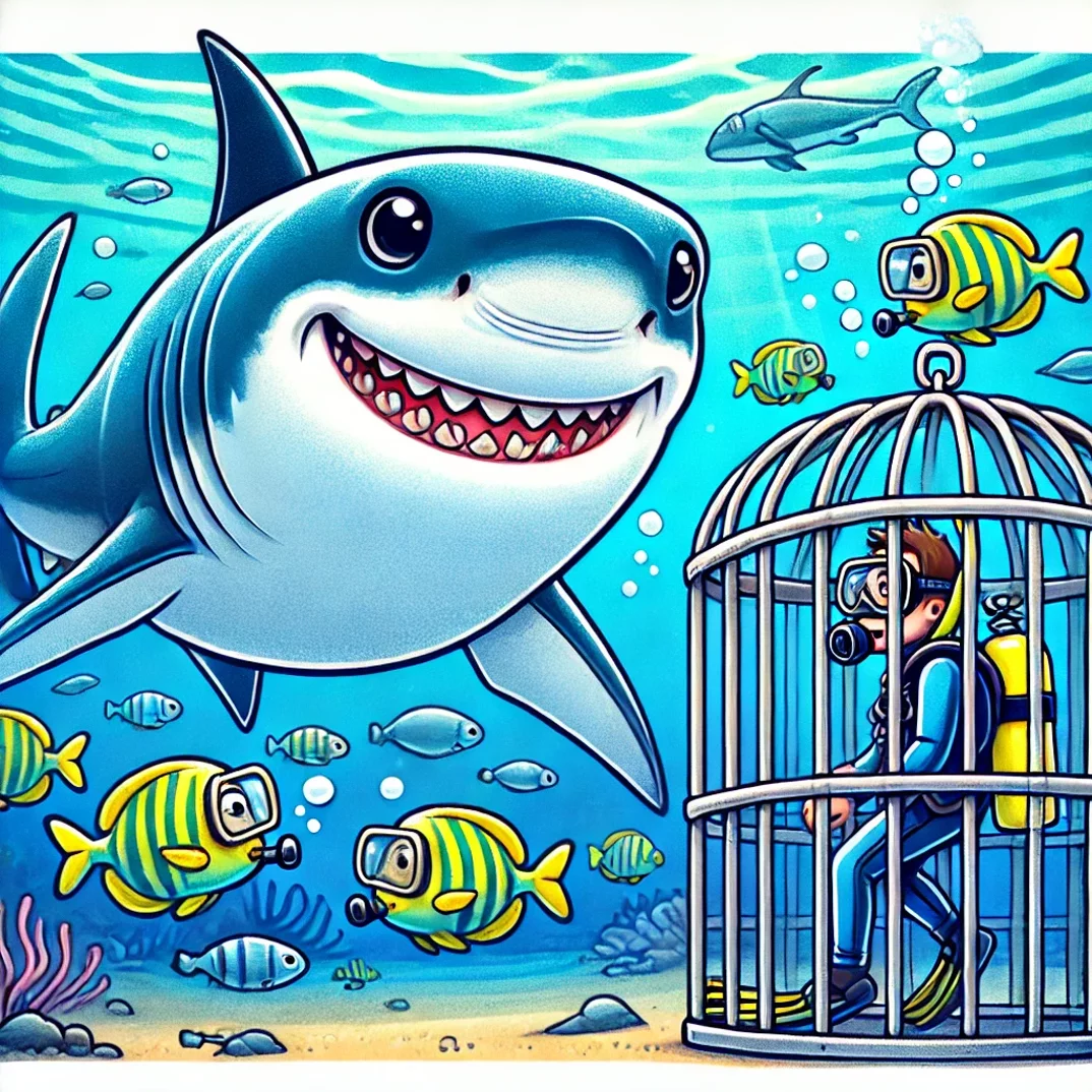 dall·e 2025-05-13 18.34.30 - a colorful cartoon-style underwater scene showing a great white shark approaching a metal cage with scuba divers inside. the scene is bright and vibra