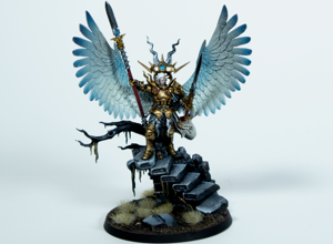 warhammer age of sigmar painting commission stormcast eternals yndrasta celestial spear winged hero gold armor painting non metallic metal nmm feather detailing blue wing gradients scenic base professional miniature painting service high quality display level custom painted miniatures rospaint studio best miniature painter worldwide shipping