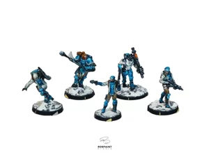 A squad of six PanOceania miniatures for Infinity The Game, painted in a vibrant blue and white custom scheme with snow bases by RosPaint Studio. A squad of six PanOceania miniatures for Infinity The Game, painted in a vibrant blue and white custom scheme with snow bases by RosPaint Studio.