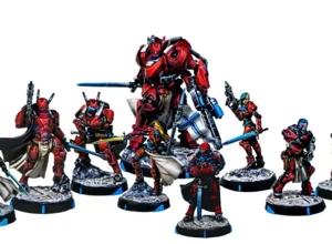 A group of eight PanOceania miniatures, including a large TAG, professionally painted in a custom red and black scheme with urban snow bases by RosPaint Studio. A group of eight PanOceania miniatures, including a large TAG, professionally painted in a custom red and black scheme with urban snow bases by RosPaint Studio.