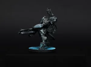 Nomads Szalamandra TAG for Infinity The Game, painted in a high-contrast monochrome noir style with blue OSL glow on the heavy railgun and base. Nomads Szalamandra TAG for Infinity The Game, painted in a high-contrast monochrome noir style with blue OSL glow on the heavy railgun and base.