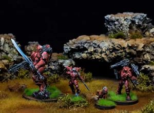 Infinity The Game Yu Jing miniatures, including heavy armor units and specialists, painted in deep red and metallic black by RosPaint Studio. Infinity The Game Yu Jing miniatures, including heavy armor units and specialists, painted in deep red and metallic black by RosPaint Studio.