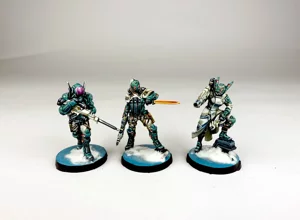 Group of three PanOceania Varuna Division miniatures, professionally painted in jade green and white. Group of three PanOceania Varuna Division miniatures, professionally painted in jade green and white.
