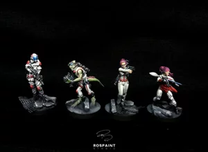 Four Infinity The Game miniatures featuring a mix of Haqqislam and Mercenary units, including a reptilian hybrid specialist, in white, red, and grey by RosPaint Studio. Four Infinity The Game miniatures featuring a mix of Haqqislam and Mercenary units, including a reptilian hybrid specialist, in white, red, and grey by RosPaint Studio.