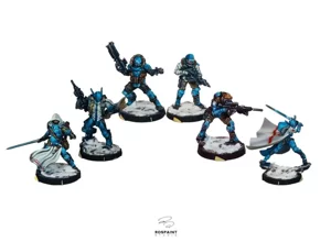 A squad of six PanOceania miniatures for Infinity The Game, painted in a vibrant blue and white custom scheme with snow bases by RosPaint Studio. A squad of six PanOceania miniatures for Infinity The Game, painted in a vibrant blue and white custom scheme with snow bases by RosPaint Studio.