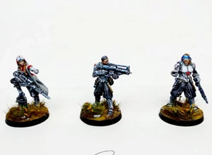 Three JSA infantry miniatures for Infinity The Game, painted in clinical white armor with red accents and scenic bases by RosPaint Studio. Three JSA infantry miniatures for Infinity The Game, painted in clinical white armor with red accents and scenic bases by RosPaint Studio.