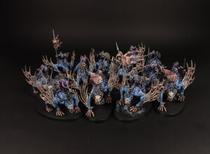 warhammer age of sigmar painting commission flesh-eater-courts morbeheg knights unit flying cavalry professional miniature painting service high quality display level blue skin tones leathery wing membranes bone armor detail heraldry banners custom painted miniatures rospaint studio best miniature painter worldwide shipping