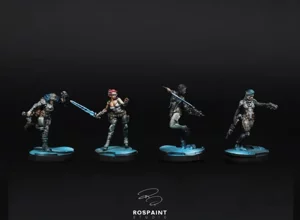 Four O-12 infantry miniatures for Infinity The Game, painted in a cinematic monochrome noir style with blue OSL glow effects on a black background. Four O-12 infantry miniatures for Infinity The Game, painted in a cinematic monochrome noir style with blue OSL glow effects on a black background.