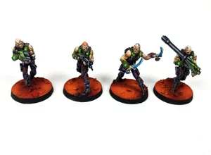 Four Nomad Morlock Group miniatures for Infinity The Game, painted with realistic skin tones, green OSL weapons, and orange desert bases by RosPaint Studio. Four Nomad Morlock Group miniatures for Infinity The Game, painted with realistic skin tones, green OSL weapons, and orange desert bases by RosPaint Studio.