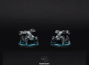 A pair of O-12 Copperbot remotes for Infinity The Game, painted in a high-contrast monochrome noir style with blue OSL lighting on urban bases A pair of O-12 Copperbot remotes for Infinity The Game, painted in a high-contrast monochrome noir style with blue OSL lighting on urban bases