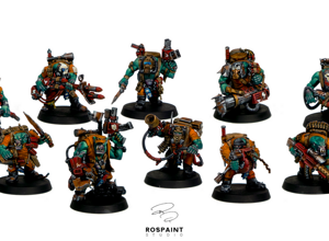 warhammer 40k painting commission orks kommandos kill team octarius greenskins xenos professional miniature painting service high quality display level orange jumpsuits green skin shading rust weathering effects custom painted miniatures rospaint studio best miniature painter worldwide shipping
