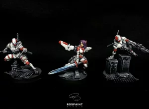 Group of three Haqqislam Hassassin miniatures for Infinity The Game, featuring custom white armor, red accents, and blue visor OSL by RosPaint Studio. Group of three Haqqislam Hassassin miniatures for Infinity The Game, featuring custom white armor, red accents, and blue visor OSL by RosPaint Studio.