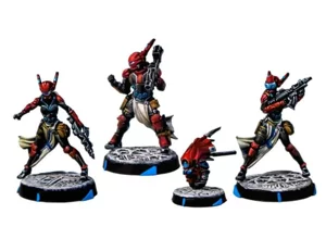 Three PanOceania Military Orders infantry miniatures for Infinity The Game, painted in a custom red and black scheme with futuristic urban bases. Three PanOceania Military Orders infantry miniatures for Infinity The Game, painted in a custom red and black scheme with futuristic urban bases.