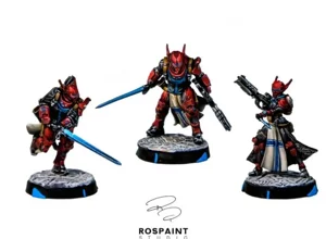 Three PanOceania Military Orders specialist miniatures for Infinity The Game, featuring custom red and black armor, white cloaks, and blue energy weapons. Three PanOceania Military Orders specialist miniatures for Infinity The Game, featuring custom red and black armor, white cloaks, and blue energy weapons.
