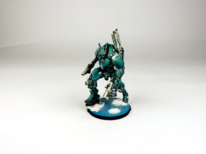 Professional painting detail of an Infinity PanOceania Seraph TAG with tactical sword and wings.