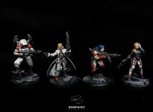 Group of four Infinity The Game miniatures featuring Haqqislam Hassassins and Mercenary specialists in grey and red tactical gear by RosPaint Studio. Group of four Infinity The Game miniatures featuring Haqqislam Hassassins and Mercenary specialists in grey and red tactical gear by RosPaint Studio.