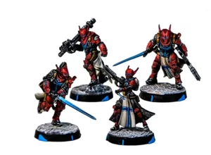 Four PanOceania Military Orders knight miniatures for Infinity The Game, featuring custom red armor, white tabards, and blue power swords by RosPaint Studio. Four PanOceania Military Orders knight miniatures for Infinity The Game, featuring custom red armor, white tabards, and blue power swords by RosPaint Studio.