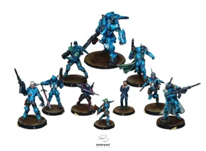 Showcase of a PanOceania army for Infinity The Game, featuring a vibrant blue custom color scheme and desert bases by RosPaint Studio. Showcase of a PanOceania army for Infinity The Game, featuring a vibrant blue custom color scheme and desert bases by RosPaint Studio.