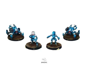 A group of four PanOceania remotes and support drones for Infinity The Game, professionally painted in vibrant blue and white with desert bases. A group of four PanOceania remotes and support drones for Infinity The Game, professionally painted in vibrant blue and white with desert bases.
