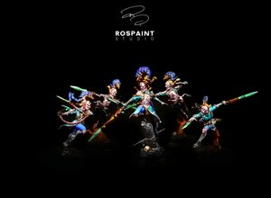 warhammer age of sigmar painting commission lumineth realm-lords vanari bladelords squad leader seneschal professional miniature painting service high quality display level teal and gold color scheme non-metallic metal NMM armor glowing power swords custom painted miniatures rospaint studio best miniature painter worldwide shipping