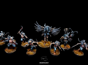 warhammer age of sigmar painting commission corvus cabal warband slaves to darkness warcry miniatures professional miniature painting service high quality display level crow mantle feathers bone ornaments dynamic poses dark fantasy aesthetic custom painted miniatures rospaint studio best miniature painter worldwide shipping