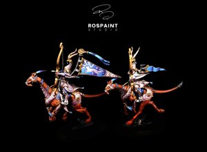 warhammer age of sigmar painting commission lumineth realm-lords hurakan windchargers unit treeloper cavalry professional miniature painting service high quality display level white and blue armor freehand banner detail non-metallic metal NMM gold custom painted miniatures rospaint studio best miniature painter worldwide shipping