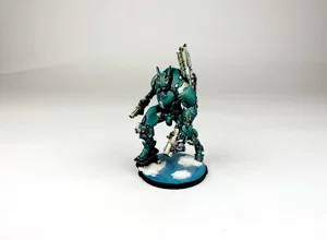 Professional painting detail of an Infinity PanOceania Seraph TAG with tactical sword and wings. Professional painting detail of an Infinity PanOceania Seraph TAG with tactical sword and wings.
