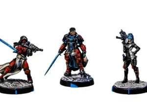 Three PanOceania Military Orders specialist miniatures for Infinity The Game, featuring custom red and black armor, white cloaks, and blue energy weapons. Three PanOceania Military Orders specialist miniatures for Infinity The Game, featuring custom red and black armor, white cloaks, and blue energy weapons.