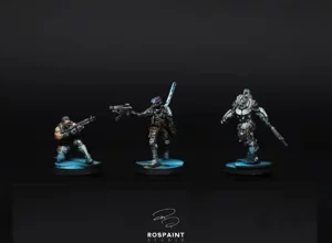 Professional commission painting of an O-12 Zeta Unit TAG for Infinity The Game, featuring a monochrome noir style and cyan OSL glow by RosPaint Studio.