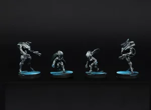 Four Combined Army Shasvastii remotes for Infinity The Game, painted in a monochrome noir style with glowing blue OSL effects by RosPaint Studio. Four Combined Army Shasvastii remotes for Infinity The Game, painted in a monochrome noir style with glowing blue OSL effects by RosPaint Studio.
