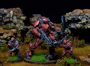 Action shots of Yu Jing Invincible Army miniatures in a desert rocky terrain, featuring heavy power armor and tactical units by RosPaint Studio. Action shots of Yu Jing Invincible Army miniatures in a desert rocky terrain, featuring heavy power armor and tactical units by RosPaint Studio.