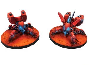 Professional painting of Nomad Vostok Battlebots in vibrant red with blue OSL on Martian desert bases by RosPaint Studio. Professional painting of Nomad Vostok Battlebots in vibrant red with blue OSL on Martian desert bases by RosPaint Studio.
