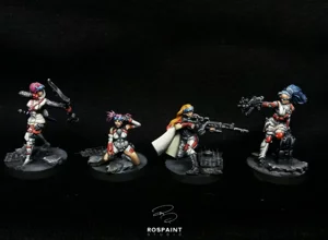 Four Haqqislam (Hassassin Bahram) specialist miniatures for Infinity The Game, painted in a custom white and red tactical scheme by RosPaint Studio. Four Haqqislam (Hassassin Bahram) specialist miniatures for Infinity The Game, painted in a custom white and red tactical scheme by RosPaint Studio.