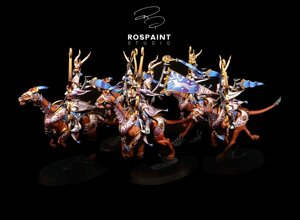 warhammer age of sigmar painting commission lumineth realm-lords hurakan windchargers unit treeloper cavalry professional miniature painting service high quality display level white and blue armor freehand banner detail non-metallic metal NMM gold custom painted miniatures rospaint studio best miniature painter worldwide shipping