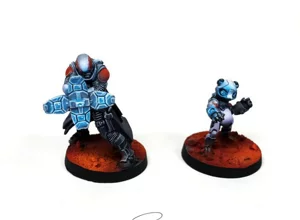 Yu Jing Jing Qo and Panda miniatures for Infinity The Game, featuring blue energy shield effects and red armor accents by RosPaint Studio. Yu Jing Jing Qo and Panda miniatures for Infinity The Game, featuring blue energy shield effects and red armor accents by RosPaint Studio.